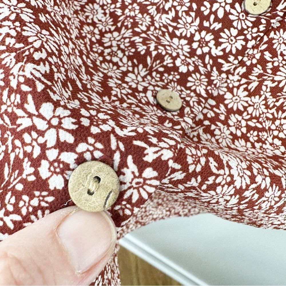Montreal Rust Colored Patterned Button Up Ruffle‎ Short Sleeve Peasant Dress - Picture 10 of 14